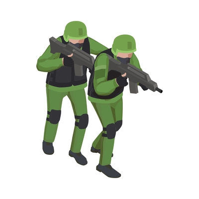 Two armed soldiers holding somebody at gunpoint isometric vector illustration