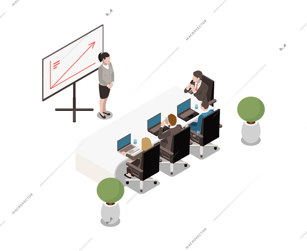 Meeting room isometric interior with modern table white board plants and business people 3d vector illustration