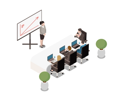 Meeting room isometric interior with modern table white board plants and business people 3d vector illustration