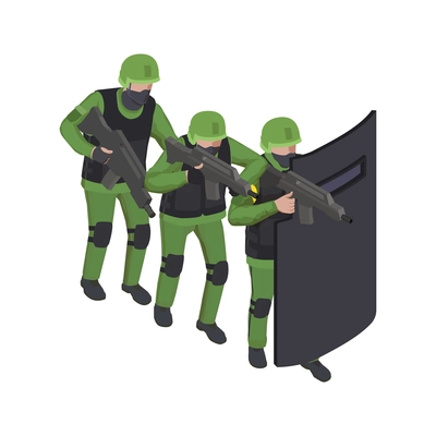 Soldiers armed with machine guns and shield isometric icon vector illustration