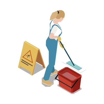 Isometric icon of woman cleaner with mop and yellow wet floor sign 3d vector illustration