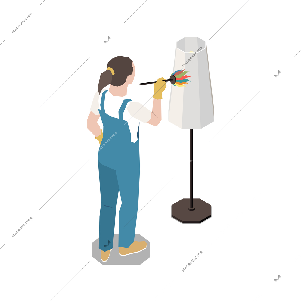 Female worker from housekeeping service dusting standard lamp back view isometric icon vector illustration