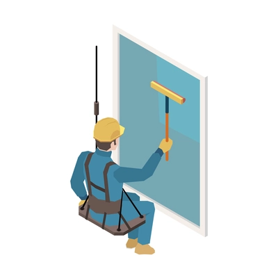 Isometric icon of professional window cleaner industrial climber with safety rope on white background vector illustration