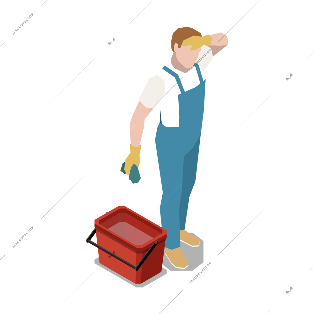 Tired male cleaner in uniform with cloth and bucket of water isometric vector illustration