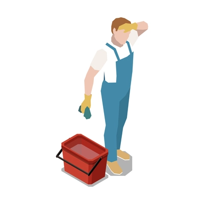 Tired male cleaner in uniform with cloth and bucket of water isometric vector illustration