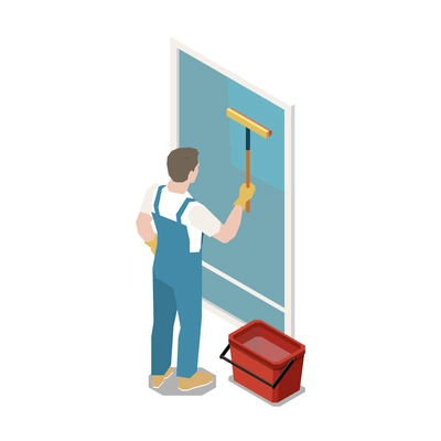 Isometric icon with cleaning service worker washing window with brush 3d vector illustration