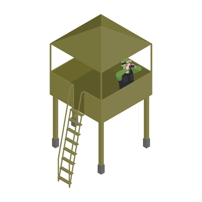 Isometric army icon with soldier looking through binoculars on watch tower vector illustration