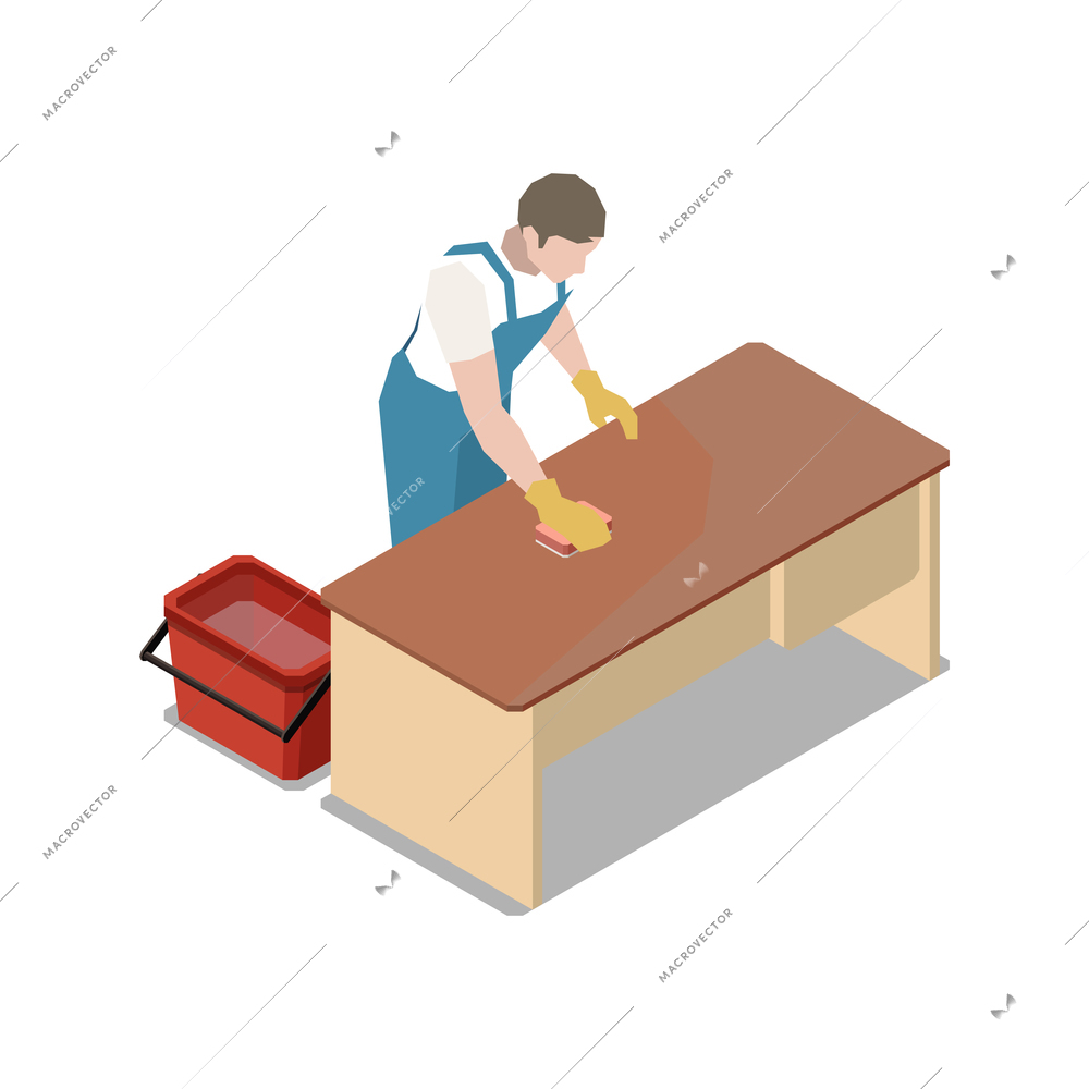 Isometric cleaning worker washing office desk with sponge 3d vector illustration