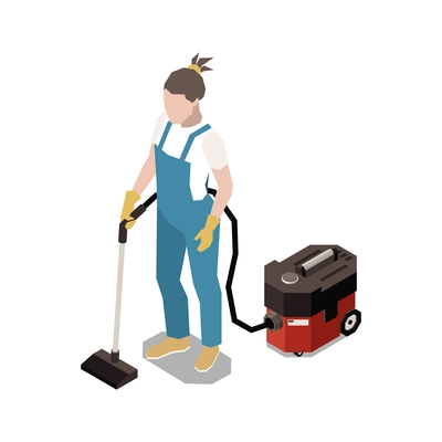 Professional cleaning service worker with vacuum cleaner on white background isometric vector illustration