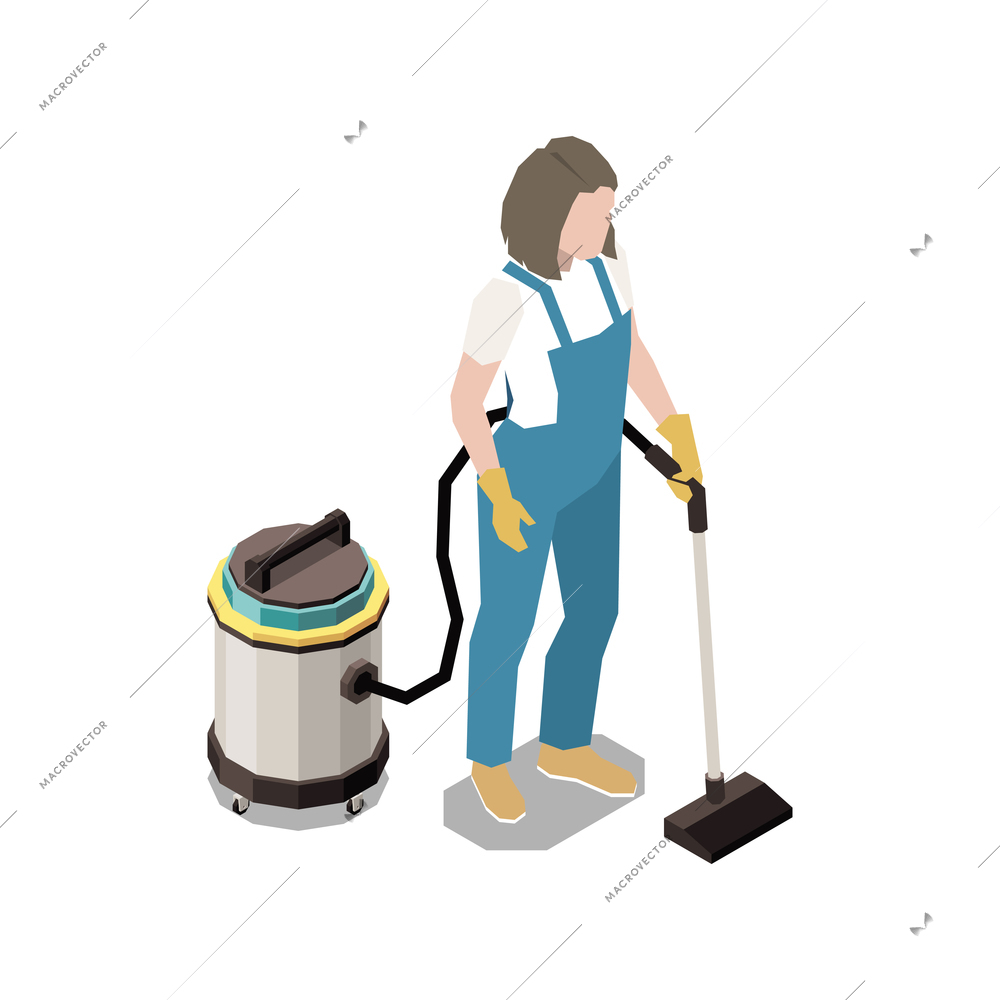 Cleaning service isometric icon with worker in uniform vacuuming floor 3d vector illustration