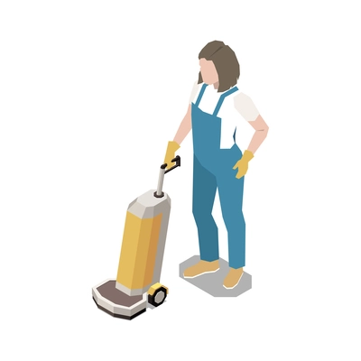 Woman in uniform doing cleaning up with floor polisher isometric icon vector illustration