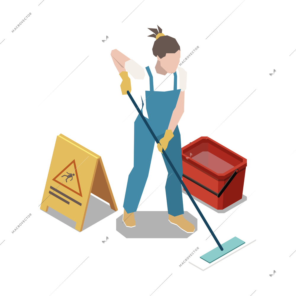 Isometric icon with mopping cleaner red bucket and wet floor caution sign 3d vector illustration