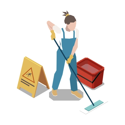 Isometric icon with mopping cleaner red bucket and wet floor caution sign 3d vector illustration