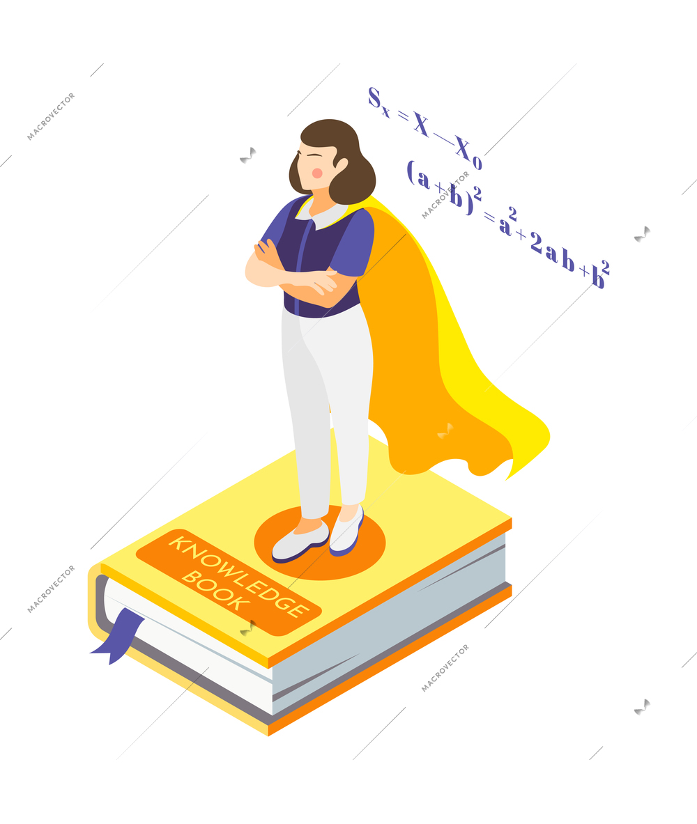 Isometric icon with woman superhero standing on book 3d vector illustration