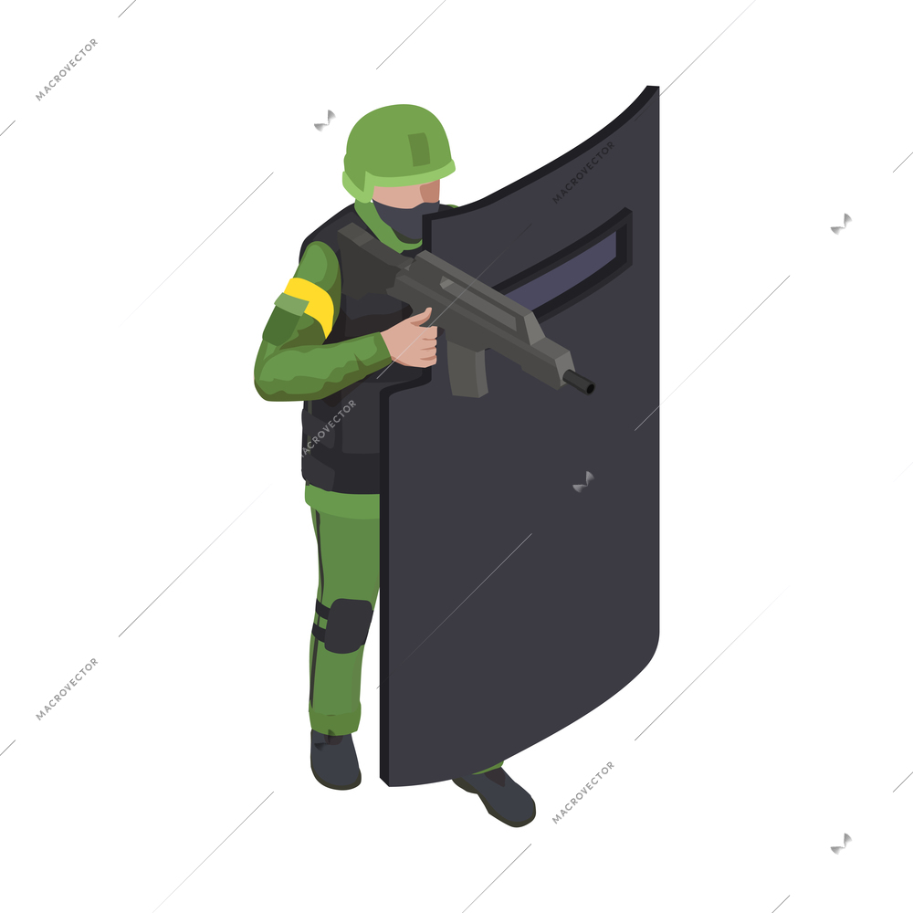 Soldier character with shield and machine gun 3d isometric vector illustration