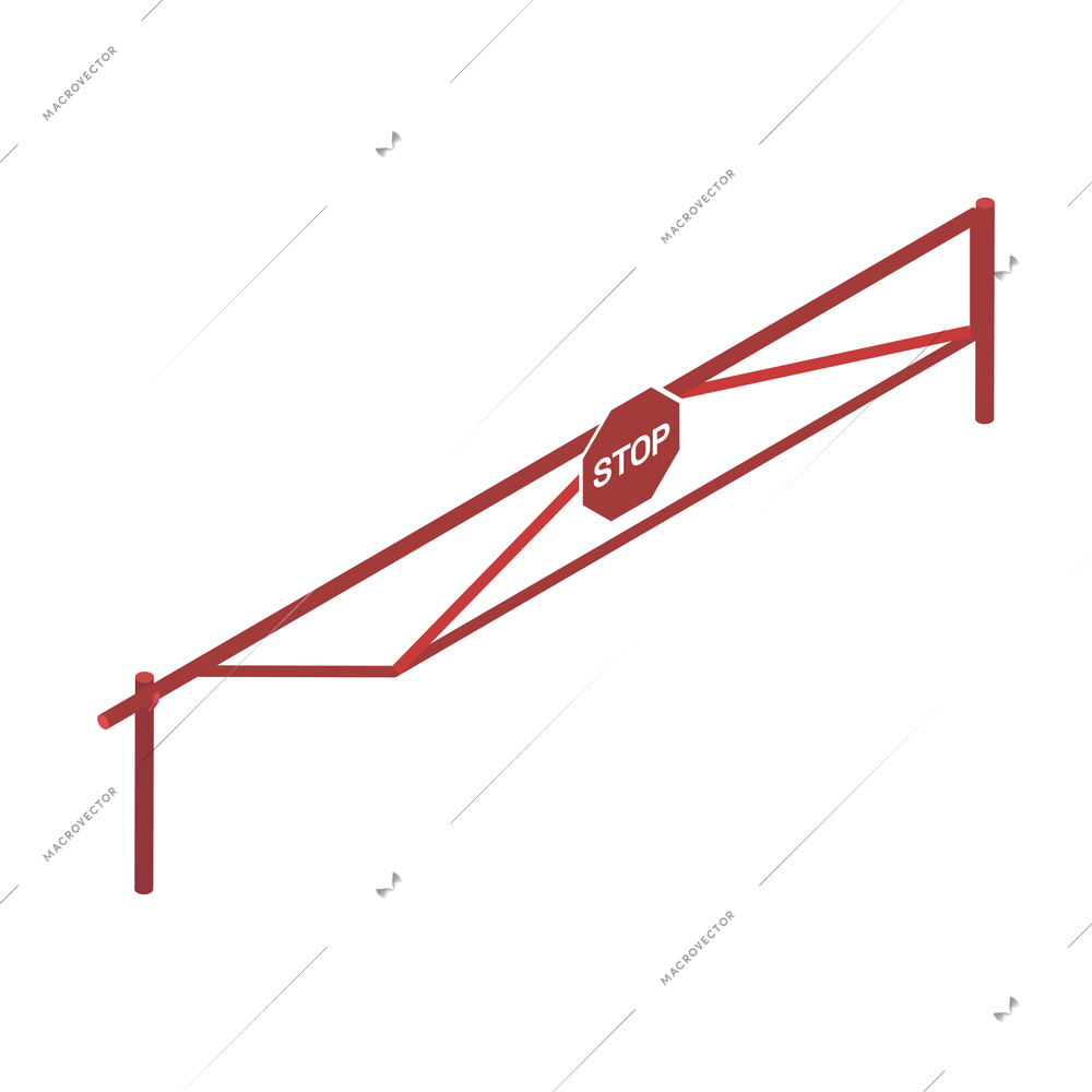 Isometric red barrier gate with stop sign on white background vector illustration