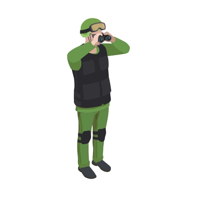 Isometric icon with military man looking through binoculars vector illustration