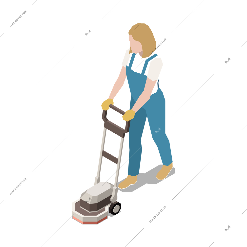 Cleaner in uniform polishing floor 3d isometric icon on white background vector illustration