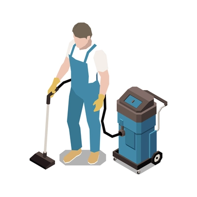 Male cleaner with professional equipment cleaning floor isometric 3d vector illustration