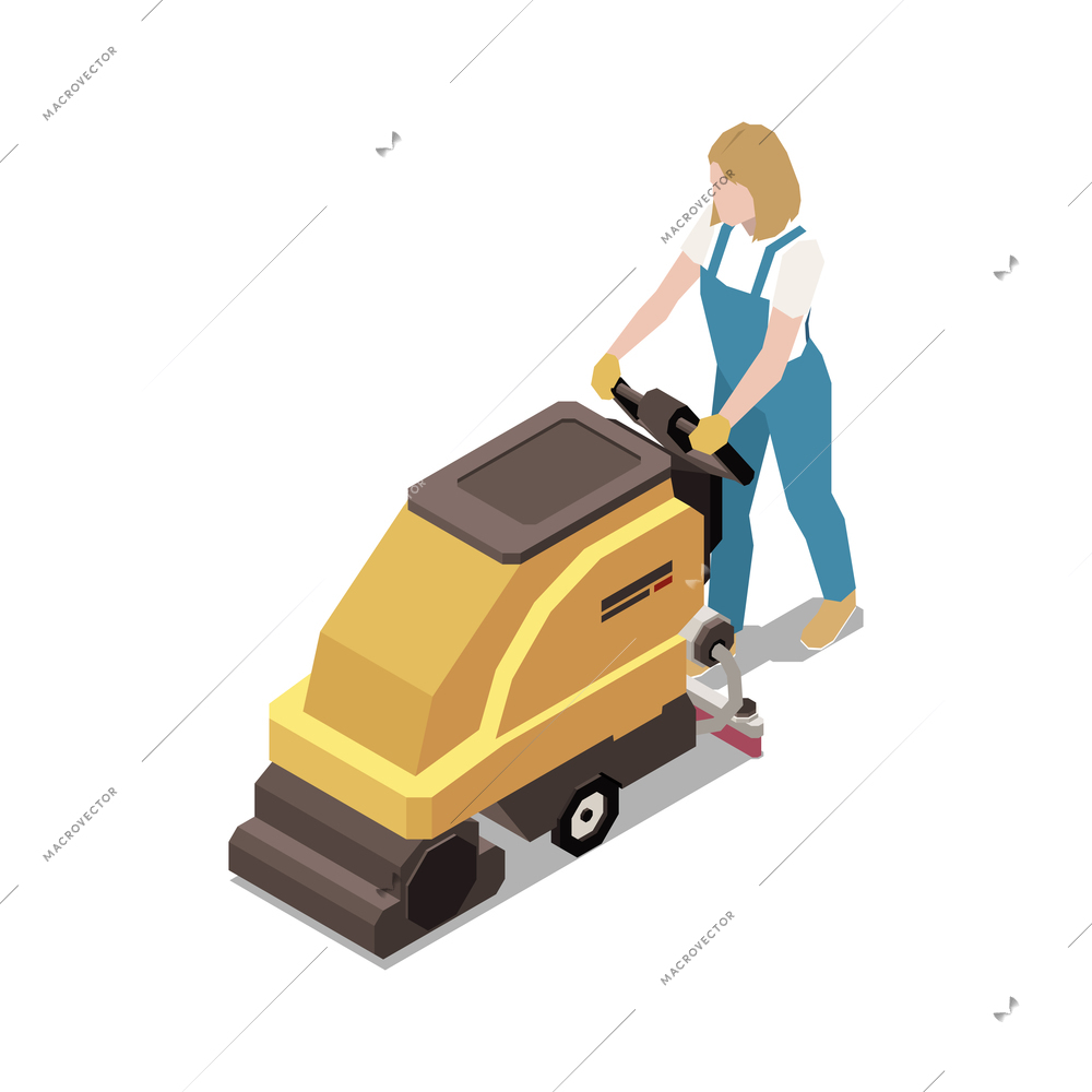 Woman from cleaning service with floor washing machine isometric vector illustration