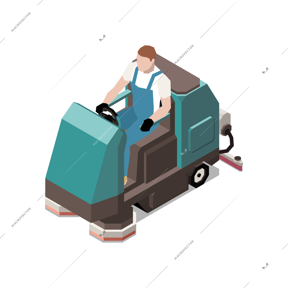 Isometric icon with cleaner character in professional floor cleaning machine 3d vector illustration