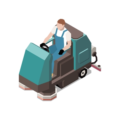 Isometric icon with cleaner character in professional floor cleaning machine 3d vector illustration