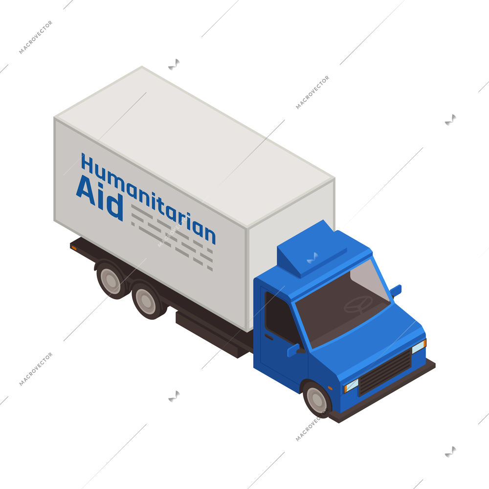 Isometric icon with cargo truck carrying humanitarian aid 3d vector illustration