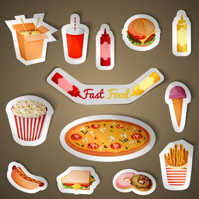 Fast junk food stickers set of popcorn pizza icecream isolated vector illustration