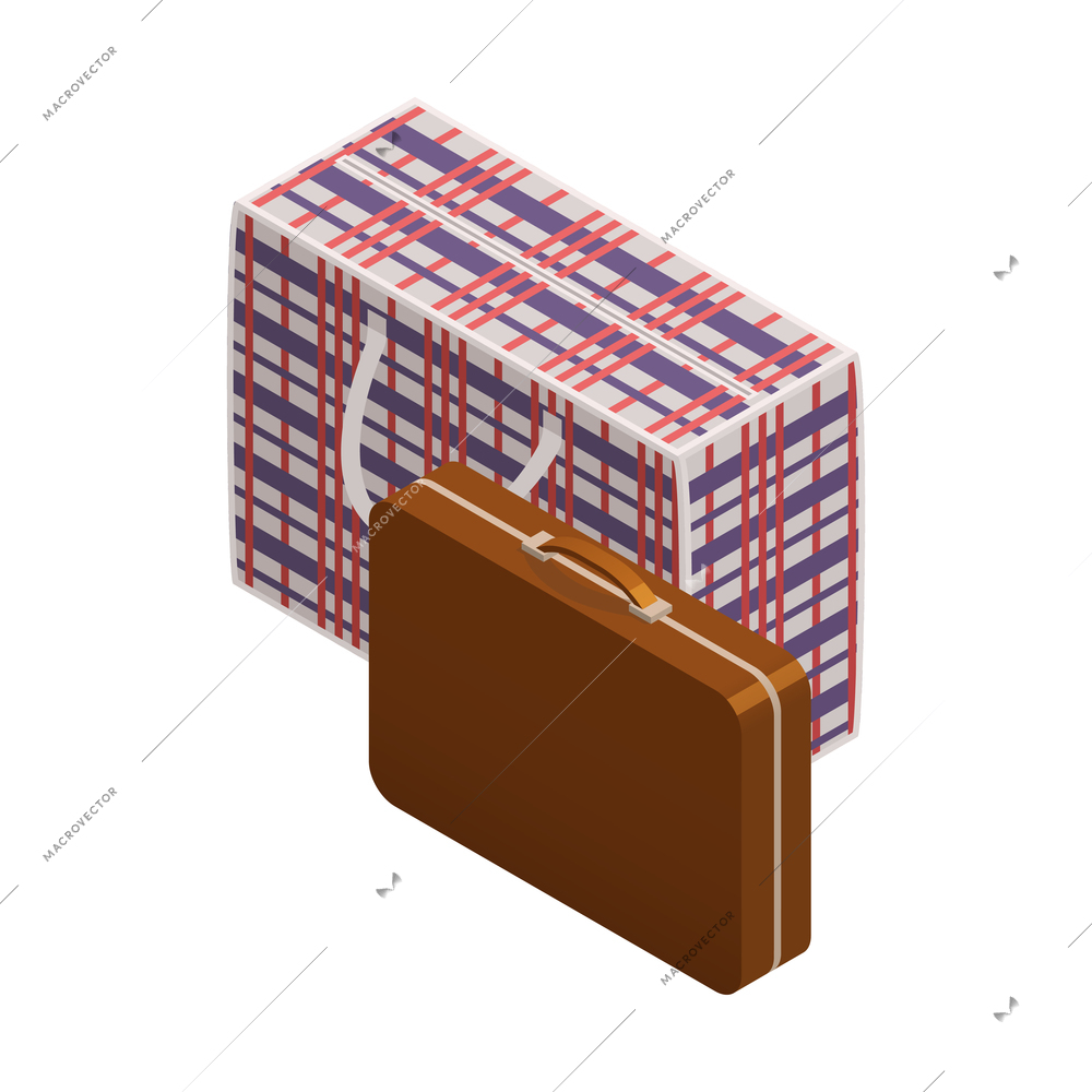 Isometric icon with refugee bag and suitcase on white background vector illustration