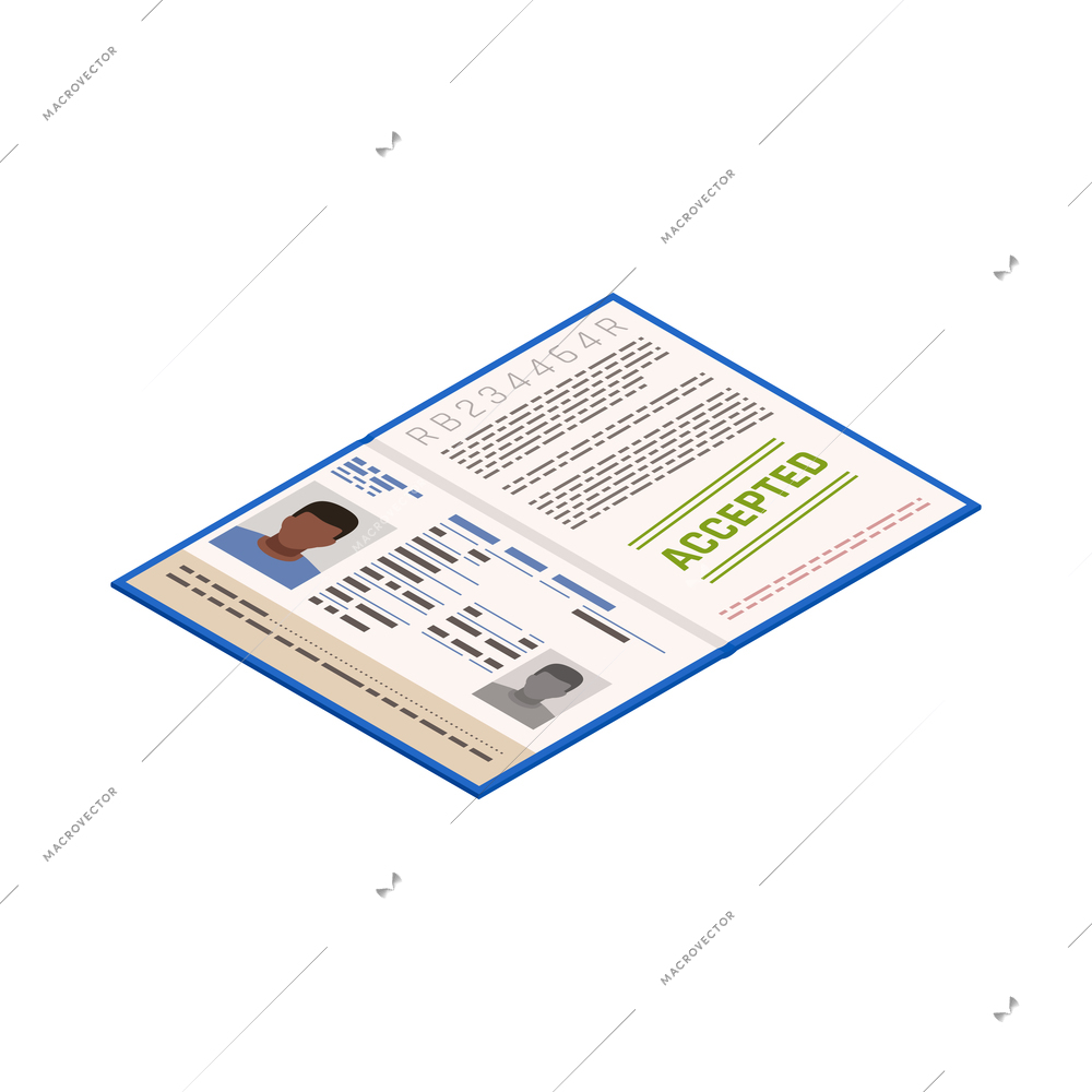 Refugee document with stamp accepted isometric icon vector illustration