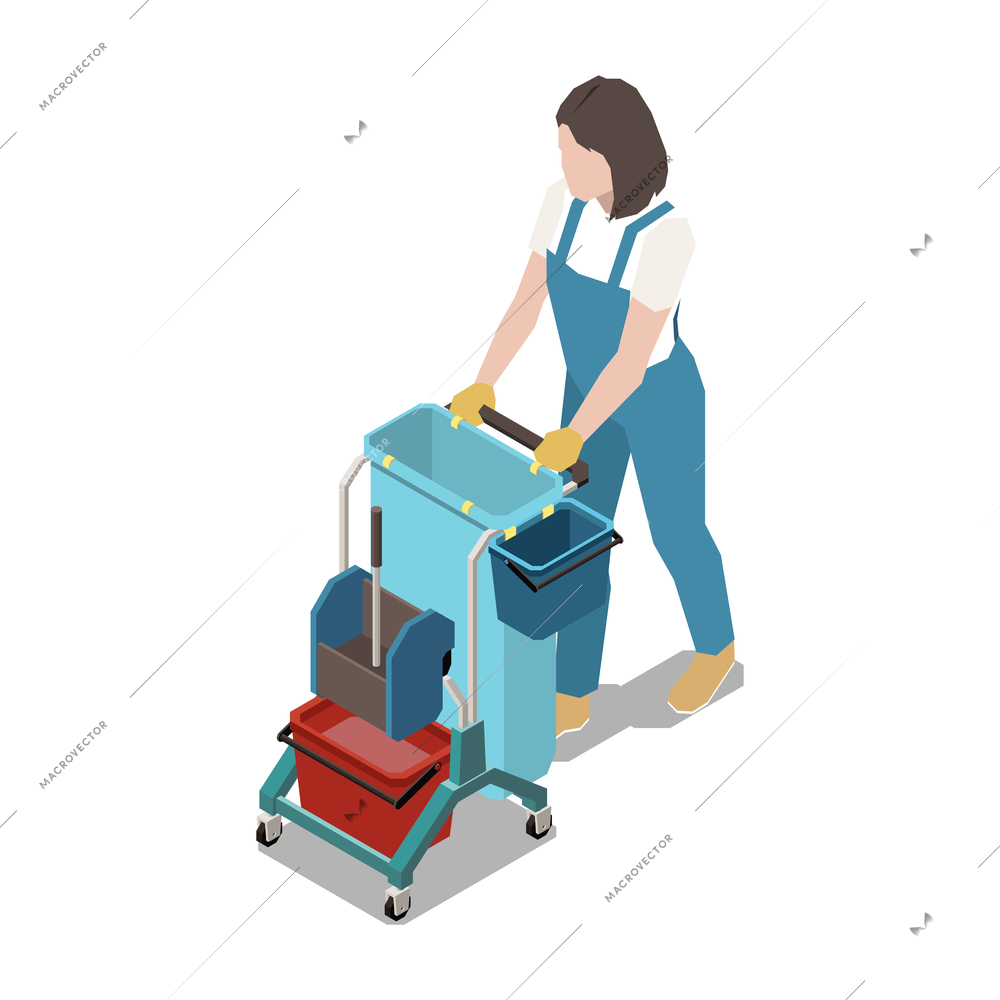 Cleaning service worker with equipment isometric icon on white background vector illustration