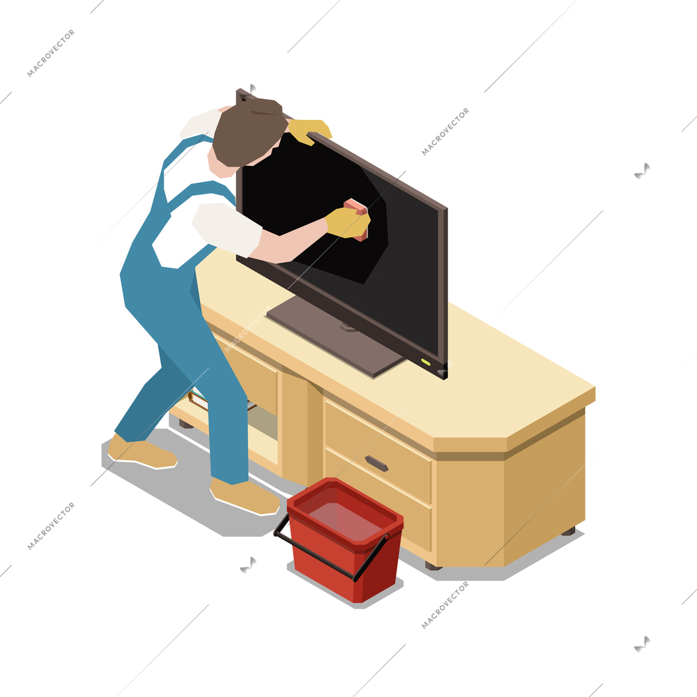 Isometric icon with professional cleaner wiping tv 3d vector illustration