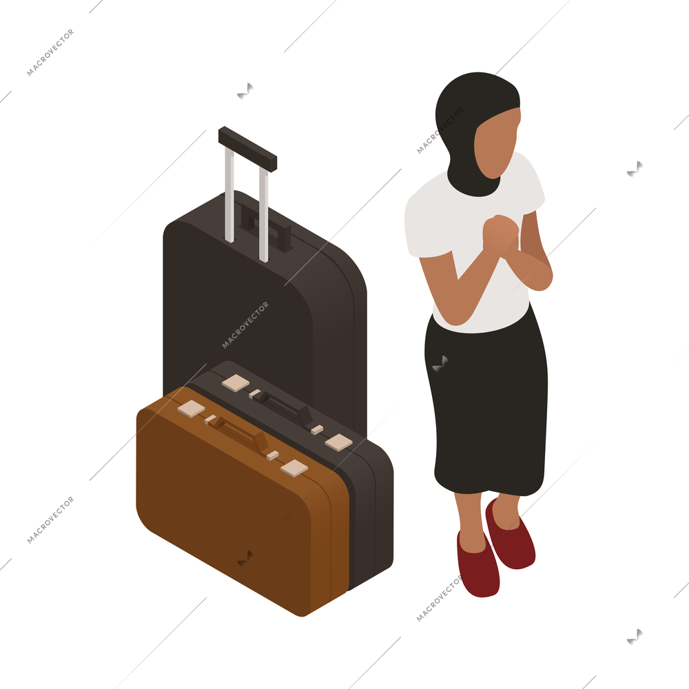 Refugees isometric icon with muslim woman and suitcases vector illustration