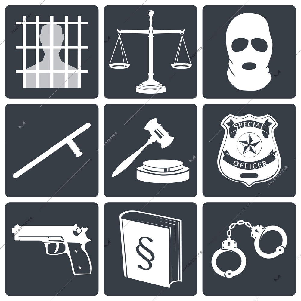 Law legal justice white on black icons set with jail scales and mask isolated vector illustration