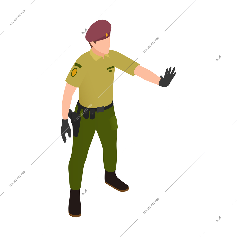 Refugee camp isometric icon with security guard showing stop gesture 3d vector illustration