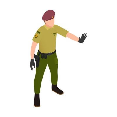 Refugee camp isometric icon with security guard showing stop gesture 3d vector illustration