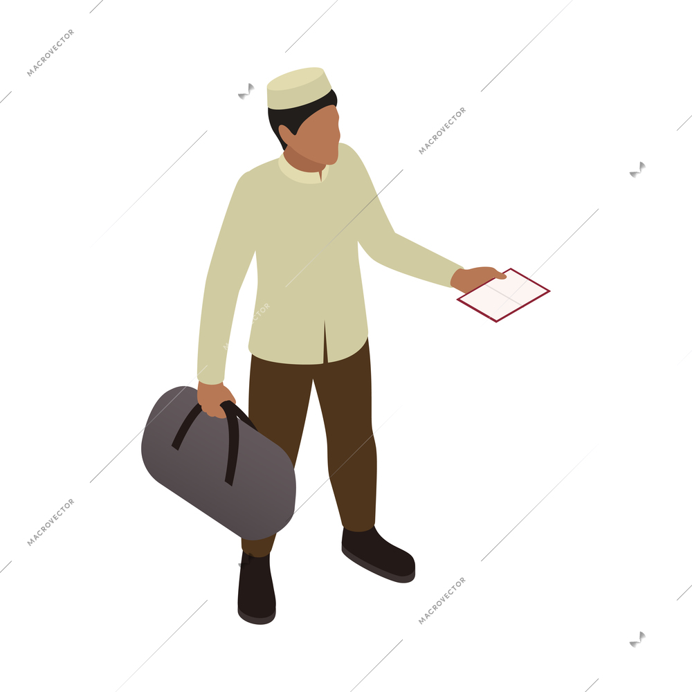 Isometric character of male refugee on white background vector illustration