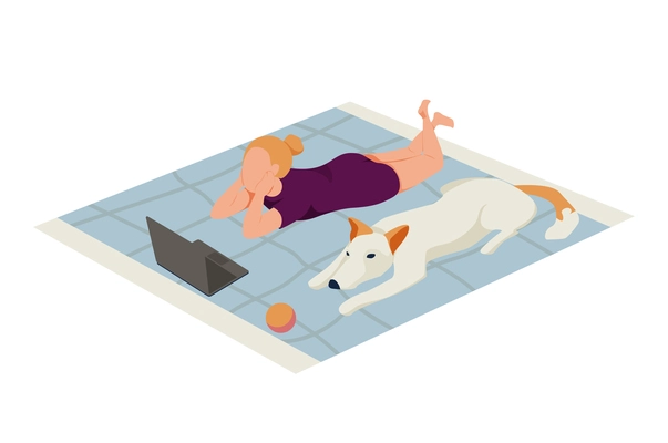 Flat icon with girl and her big dog relaxing on rug vector illustration