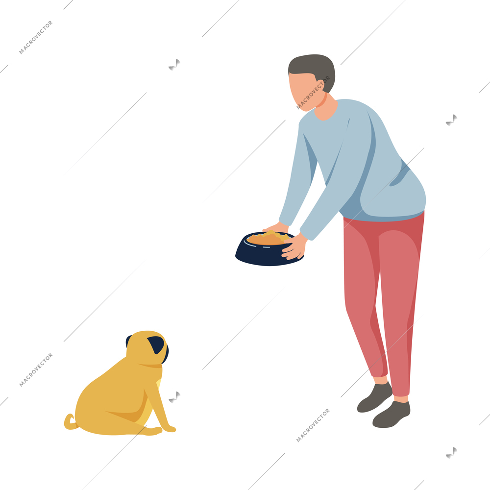 Flat icon with man feeding his pugdog vector illustration