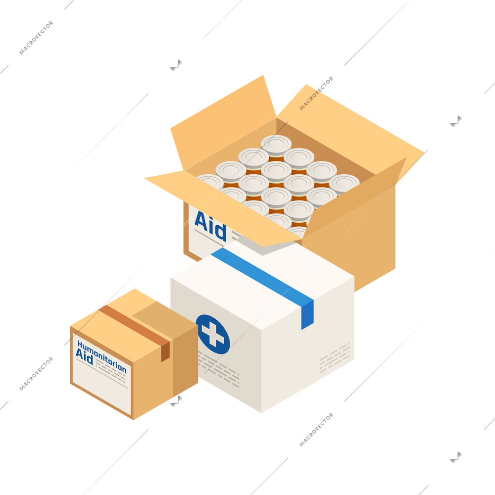 Humanitarian aid carboard boxes with food and medicine isometric icon vector illustration