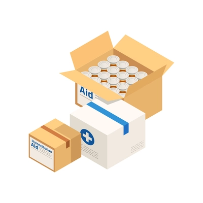 Humanitarian aid carboard boxes with food and medicine isometric icon vector illustration