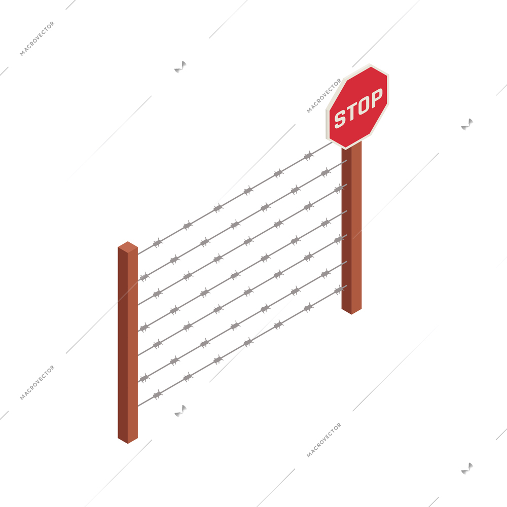 Isometric barbed wire fence and red stop sign isometric vector illustration