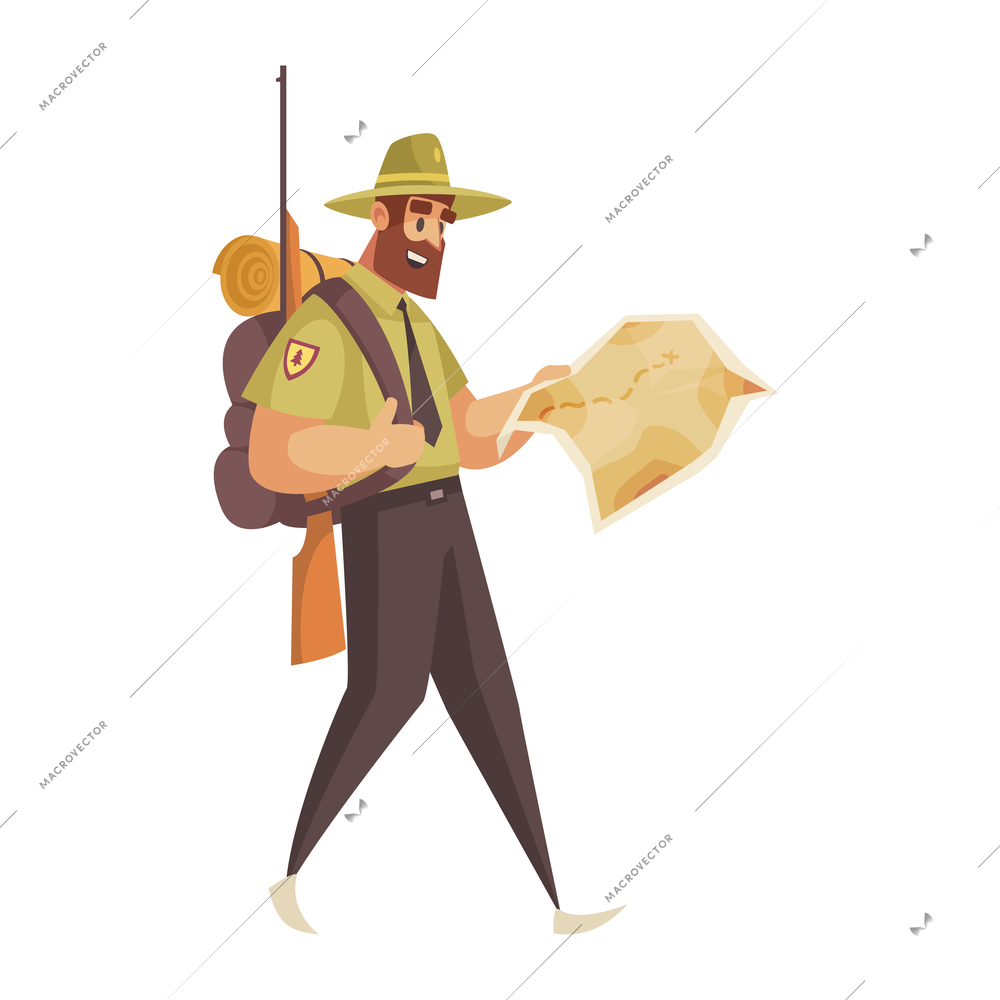 Forest ranger with gun map and backpack cartoon icon vector illustration