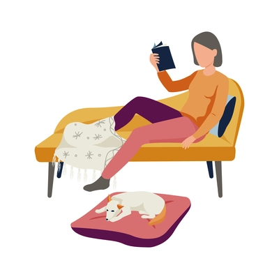 Flat icon with woman reading on sofa and her small dog sleeping beside vector illustration