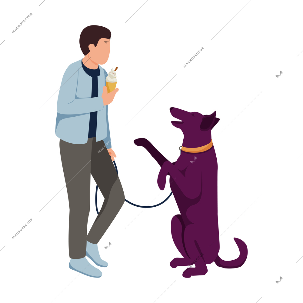 Flat icon with man eating ice cream and his dog asking for treat vector illustration
