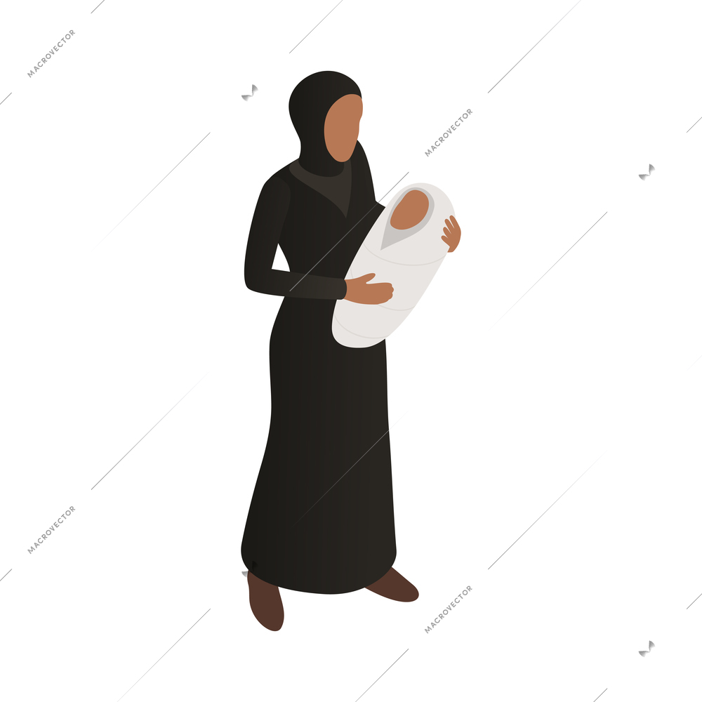 Isometric refugee icon with muslim woman holding baby vector illustration