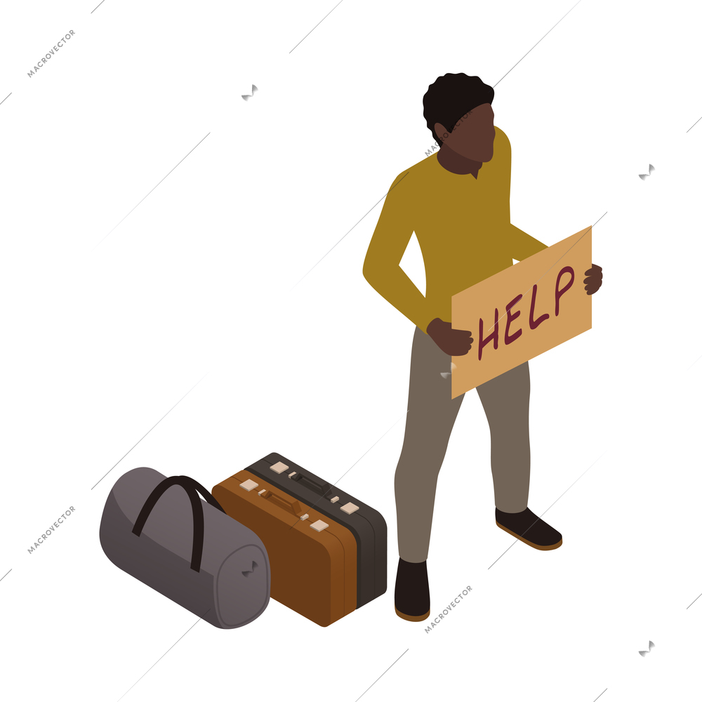Isometric icon with man refugee asking for help vector illustration