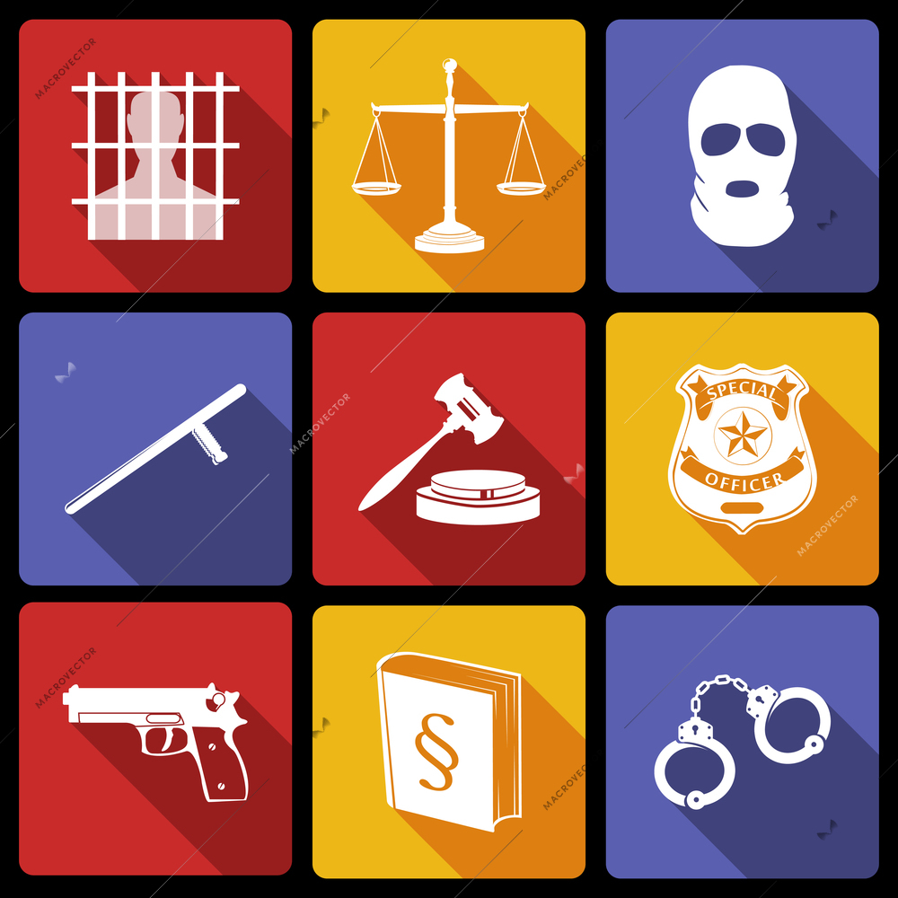 Law legal justice white on flat icons set with badge gavel gun isolated vector illustration