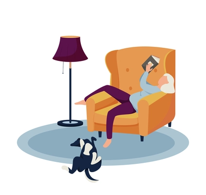 Woman relaxing in armchair and her dog lying on back on carpet flat vector illustration