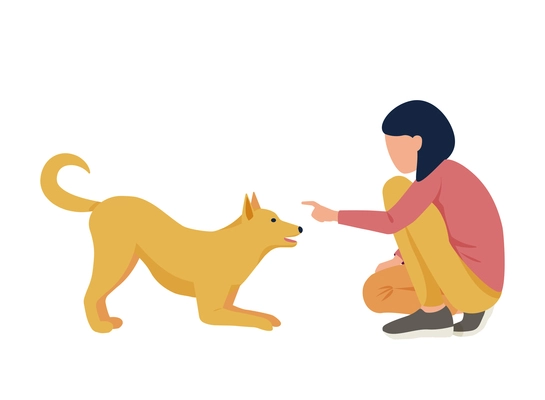 Flat character playing with happy dog on white background vector illustration